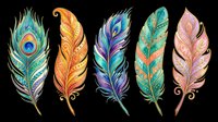 Colorful decorative feathers set with ornate patterns, isolated on transparent background. Ready for stickers, t-shirt design, sublimation, print on demand, and clipart use.