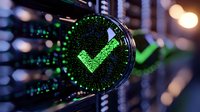 Glowing green checkmark symbol on digital display with bokeh background, representing approval, verification or successful completion in technology context.
