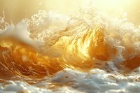 Powerful ocean wave backlit by golden sunlight creates dramatic splash and spray against dramatic sky, capturing raw natural force and motion in seascape.