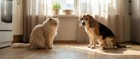 Orange tabby cat and beagle dog sitting together on wooden floor in sunlit kitchen interior with modern appliances and window light streaming in.
