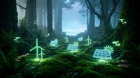 Futuristic green energy infrastructure integrated into lush forest landscape with solar panels and wind turbines among moss-covered trees and glowing technology elements.