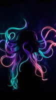 Silhouette of woman with flowing neon light trails in cyan, purple and pink colors creating dynamic energy waves against dark background for digital art projects.