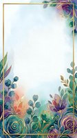 Watercolor floral frame with gold border featuring purple, teal, and orange blooms isolated on white background, ready for invitations, greeting cards, and design projects.