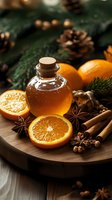 Honey bottle with fresh oranges, winter spices and pine branches on wooden board. Cozy winter drink ingredients with cinnamon, star anise and pine cones.