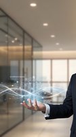 Businessman in suit holding glowing digital network with governance model and innovation network nodes in modern office.