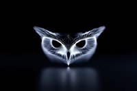 Mysterious glowing owl face with piercing eyes emerges from darkness, creating dramatic geometric art effect with sharp angular features and ethereal glow.