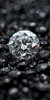 Brilliant cut diamond on dark background with bokeh effect. Macro shot showing facets and sparkle against black coal or mineral surface. Luxury jewelry concept.