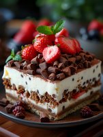 Layered dessert with chocolate chips and fresh strawberries on top, creamy vanilla filling, chocolate crumbs, and cookie base served on dark plate. Food photography.
