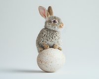 Gray bunny with pink ears balancing on white speckled egg against neutral background, perfect for Easter holiday designs and spring season promotions.