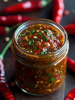 Homemade spicy chili sauce with herbs in glass jar surrounded by fresh red hot peppers on dark background for cooking and food preparation.