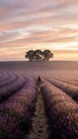 Woman in flowing dress walking through lavender field toward solitary trees at sunset, ideal for travel, nature, and lifestyle editorial use.