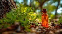 Amber glass bottle with cork stopper nestled among green moss and pine needles on forest floor, natural sunlight filtering through trees.
