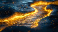 Glowing molten lava flow with golden light streaming through dark volcanic rock surface, creating dramatic natural patterns in evening atmosphere.