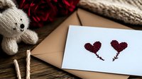 Romantic greeting card with glitter hearts on white paper, craft envelope, teddy bear and red rose on wooden table. Cozy Valentine's day composition.