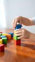 Child hands building colorful wooden block tower on table developing fine motor skills and creativity through educational play activity.