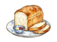 Freshly baked loaf of bread with sliced pieces and small bowl of jam on decorative plate, isolated on white background for food design and culinary projects.