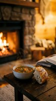 Warm soup bowl with crusty bread slice on wooden table, fireplace with burning fire in background, cozy home interior setting for comfort food and winter dining concepts.