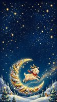 Reindeer leaping across glowing crescent moon adorned with golden garland, surrounded by twinkling stars and snowy winter landscape with festive houses and evergreen trees below.