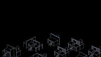 Minimalist office workspace wireframe cubes floating on black background for modern business and technology design concepts.