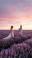 Couple holding hands in blooming lavender field at sunset, woman wearing flowing dress, man in casual shirt, romantic outdoor engagement or wedding photography.