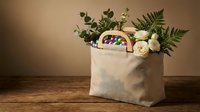 Natural linen tote bag with fresh flowers and colorful items on rustic wooden table against neutral background for eco-friendly lifestyle and shopping concepts.