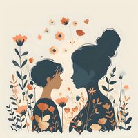 Silhouettes of mother and child surrounded by delicate floral elements in coral and navy blue tones against cream background, creating tender family moment.