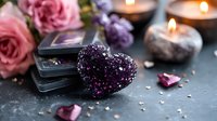Purple glittery heart with pink roses, candles and tarot cards creating romantic mystical atmosphere for love divination and spiritual wellness rituals.