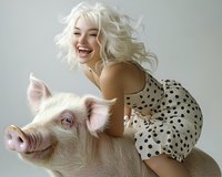 Joyful young woman with platinum blonde hair wearing polka dot dress laughing while riding pink pig in playful studio portrait against light background.