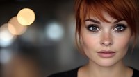 Young woman with red hair and freckles against blurred bokeh background, natural makeup highlighting blue eyes and soft expression.