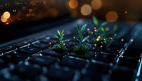 Green sprouts growing through computer keyboard keys with magical bokeh lights in dark background, symbolizing digital transformation and sustainable technology.