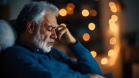 Senior Caucasian man with white beard in blue sweater showing signs of stress or depression against blurred bokeh lights background in dark setting.
