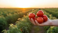 Fresh ripe red tomatoes held in hand at sunset in agricultural field with warm golden light creating organic farming harvest concept for healthy food.