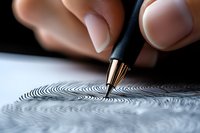 Close-up view of fountain pen tip drawing intricate circular pattern on paper, with fingers holding pen in soft focus background. Artistic macro photography.