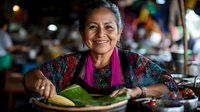 Mature woman of Latin American descent wearing traditional colorful embroidered clothing and pink scarf, smiling while preparing fresh corn at outdoor market stall, street food vendor scene.
