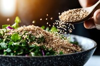 Quinoa grains falling from wooden spoon onto fresh green salad in black textured bowl, macro food photography with selective focus and warm lighting.