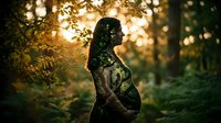 Young woman silhouette with double exposure nature leaves in golden sunset forest light creating artistic environmental portrait for wellness concepts.