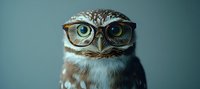 Wise owl wearing retro eyeglasses against teal background, close-up portrait showing intelligent expression and detailed feathers in dramatic lighting.