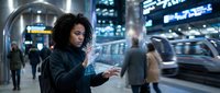Young woman with curly dark hair and medium skin tone holding a glowing digital tablet in urban transit station at night, surrounded by blurred commuters and moving vehicles, wearing dark jacket.