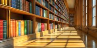 Long library corridor with wooden bookshelves filled with colorful books, sunlight casting dramatic shadows through windows onto polished floor, creating warm atmosphere.