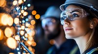 Female industrial engineer in protective glasses and hard hat examining equipment with glowing bokeh lights in background, modern factory setting.