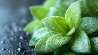 Fresh succulent plant with water drops on green fleshy leaves against dark background, macro photography showing natural moisture and dewdrops on foliage.