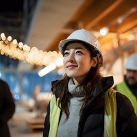 Young Asian female construction worker in hard hat and safety vest looking up with confidence at industrial site with warm lighting.