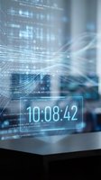 Digital timer countdown display with flowing data streams and programming code in futuristic blue technology interface for software development projects.