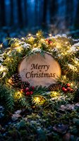 Rustic wooden slice with Merry Christmas text, surrounded by pine branches, cones, red berries, and glowing fairy lights in snowy forest.