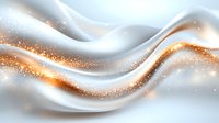 Luxurious white silk fabric with golden glitter wave pattern flowing elegantly against light background, creating smooth curves and magical sparkle effect.