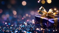 Elegant navy blue gift box with golden bow against dark background with magical bokeh lights and glitter, creating festive holiday atmosphere.