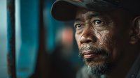 Close-up portrait of mature African American man with beard wearing cap, contemplative expression against blurred blue background, dramatic lighting highlighting facial features.