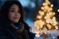 Young Asian woman in winter scarf smiling outdoors at dusk with glowing Christmas tree lights creating magical bokeh effect in background, capturing holiday spirit.