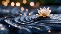 Golden lotus flower floating on rippling water surface with warm bokeh lights creating peaceful zen meditation atmosphere for wellness and spirituality concepts.