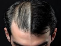Male pattern baldness before and after hair restoration treatment comparison showing receding hairline and thinning crown area on dark background.